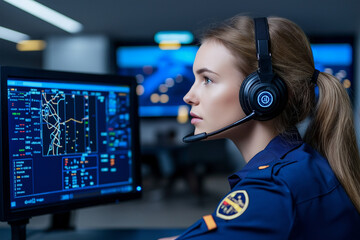 focused female emergency service operator uniform is engaged her work, wearing headset and monitoring multiple screens displaying critical data and maps. Her concentration reflects importance