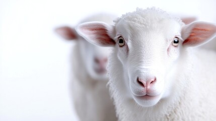 Fototapeta premium Two white sheep face forward, close-up focus on the front sheep. Soft light highlights the fluffy wool and gentle expressions