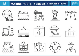 A set of line icons related to Marine Port or Harbour. Cargo, shipping, lighthouse, crane, support, and so on. Vector editable stroke.