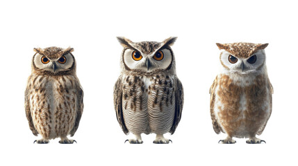 Fototapeta premium Three owls stand side by side, displaying distinct feather patterns and colors. Each owl has a unique expression, emphasizing their individuality in a light background