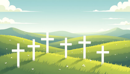 Fototapeta premium Christian crosses on grassy hills under a blue sky