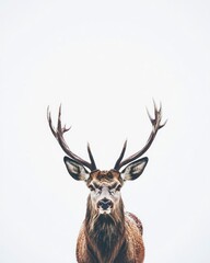 Majestic Deer Portrait with Antlers Against White Background in Winter