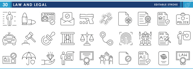 A set of line icons related to Law and Legal. Legal documents, policy, justice, crime, judge, illegal, jail, police, and so on. Vector editable stroke.