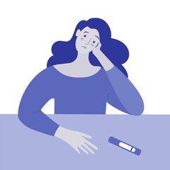 Scene with a unhappy woman and a negative pregnancy test. Sad girl sitting at the table. Vector monochrome hand drawn illustration.