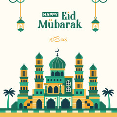 Obraz premium Ramadan greetings with classic mosque background in the middle of the desert, Ramadan Kareem, square green poster for Eid al-Fitr