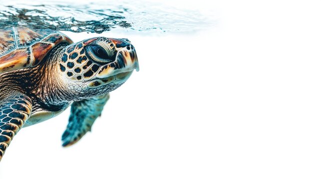 close up of sea turtle swimming gracefully near water surface, showcasing its intricate shell patterns and serene expression