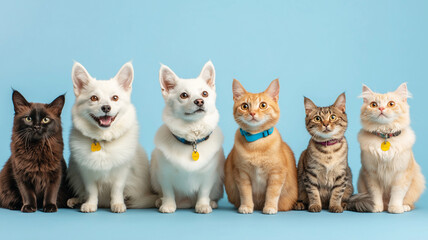 Full body photograph of various dogs and cats sitting together, showcasing their unique features and expressions against light blue background. This delightful scene captures joy and companionship