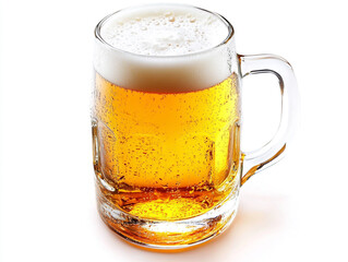 Photograph of a glass of beer on a white background, high-resolution photography, stock photo, simple composition, feminine, sunny light colors, and soft shadows.