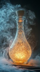 An ornate transparent bottle with an elongated neck, etched details, and glowing liquid. Ethereal smoke swirls at the base, enhancing its mystique