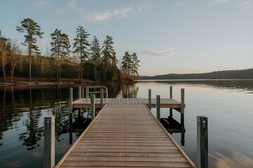 Fototapeta premium Serene Wooden Dock Extends into Calm Lake Water