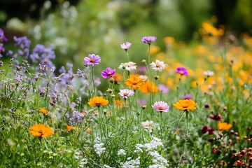 Fototapeta premium Vibrant grace of a yard full of wildflowers shines as they twirl in gusts sparking a strong feel of release and happiness 