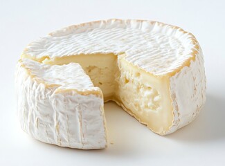 Creamy Camembert Cheese Wheel with Cut Piece on White Background