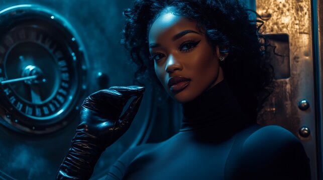 Stylish secret agent posing in futuristic vault