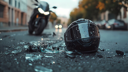 Obraz premium Dramatic Motorcycle Crash: A stark scene unfolds as a motorcycle accident leaves a helmet amidst shattered glass on the pavement, with a motorcycle speeding away in the background.