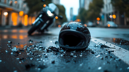 Aftermath of a Motorcycle Accident: A somber scene unfolds on a wet city street as a motorcycle lies fallen and debris litters the ground alongside a detached helmet.
