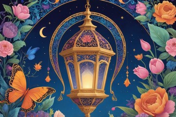 A golden Ramadan lantern with a crescent moon and flowers.

