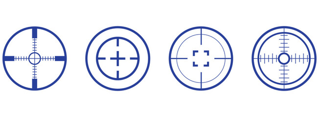 Crosshair, blue gun sight vector icons. Bullseye, red target or aim symbol. Military rifle scope, shooting mark sign. Targeting, aiming for a shot. 