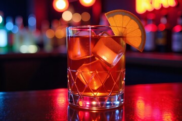 Elegant Cocktail in Crystal Glass Under Neon Bar Lights