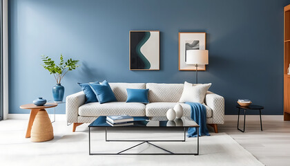 Minimalist Interior with Boucle Sofa and Blue Accents
