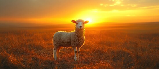 Fototapeta premium Lamb standing in a field at sunset.