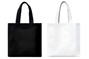  Black and white tote bag mockup, plain blank canvas fabric with no design, isolated on a transparent background