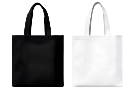  Black and white tote bag mockup, plain blank canvas fabric with no design, isolated on a transparent background