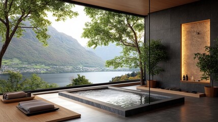 Fototapeta premium A Tranquil Modern Indoor Spa with Serene Lake and Mountain Views Through Expansive in a High-Fidelity Photorealistic Rende Experience