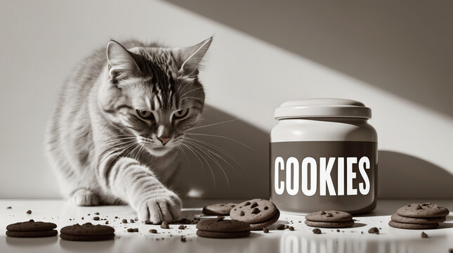 Curious cat reaching for cookies from a jar while crumbs scatter across the table