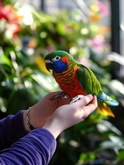 A person gently petting a vibrant parrot in a lush tropical greenhouse setting