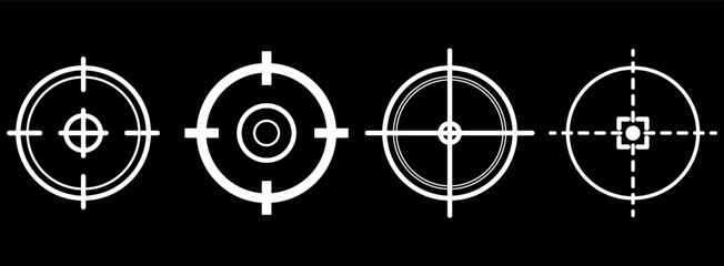 Set of Target Crosshair, gun sight vector icons. Bullseye, black and red target or aim symbol. Shooting mark sign. Archery, hunting and sports shooting. 