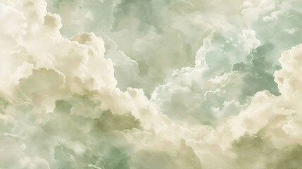 Dreamy Cloudscape Background in Soft Green and Beige Hues