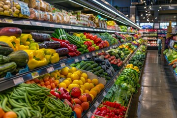 Vibrant grocery store aisle with an array of fresh produce and wholesome foods