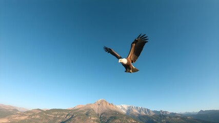 Majestic Eagle Soaring High: Capture the awe-inspiring moment as a powerful eagle soars effortlessly through the vast, cloudless blue sky over majestic mountains.