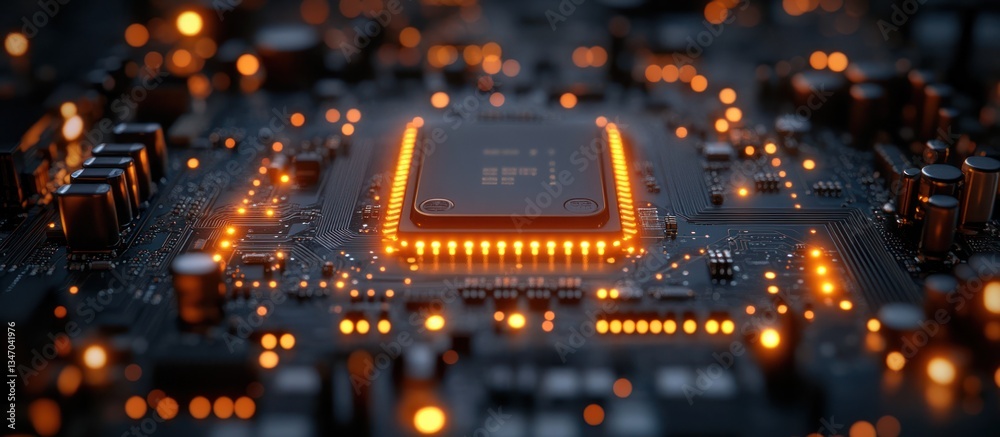 Wall mural illuminated cpu on a circuit board.