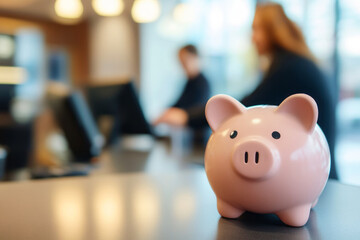 Obraz premium Cute Pink Piggy Bank on Table with Blurred Background Showing People in Modern Environment