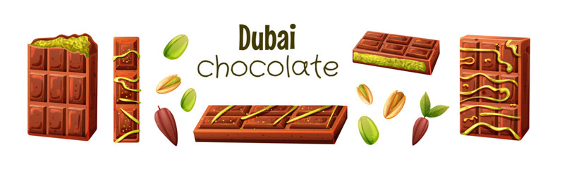 Set of milk dubai chocolate with pistachio paste and cacao beans