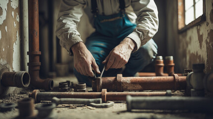 Man repairs old plumbing in a dusty building during daylight hours, showcasing hands-on skills in a renovation project