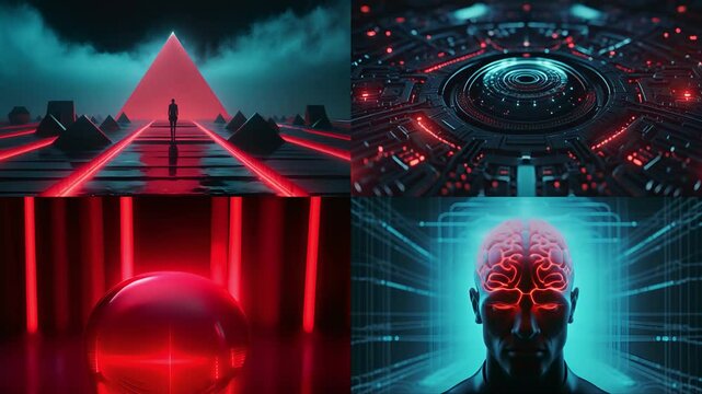 Abstract AI-generated background with digital shapes, futuristic elements and patterns. Concept of future technologies and artificial intelligence.