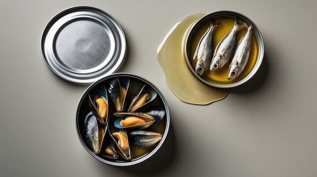 Canned seafood displayed on a neutral background featuring mussels and fish in oil