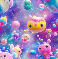 Fototapeta premium Kawaii characters floating in candy colored galaxy