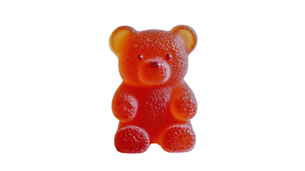 A colorful red gummy bear candy with a glossy finish, sitting upright against a plain background.