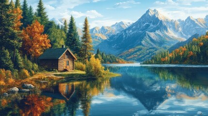Fototapeta premium Tranquil mountain cabin nestled by a serene lake in autumn foliage