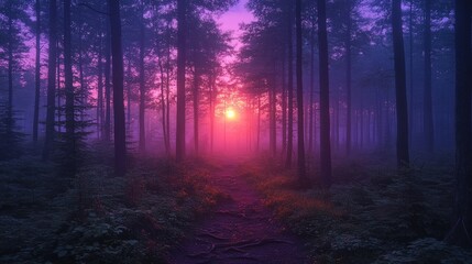Fototapeta premium forest in dawn with a sky that is going from purple to blue