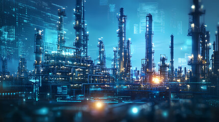 Industrial Cityscape: A futuristic depiction of a sprawling industrial complex at dusk, with glowing infrastructure, digital overlays, and a dynamic, technology-driven environment.