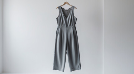 Stylish gray jumpsuit displayed on a wooden hanger against a minimalist wall in a bright room during daylight
