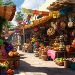 A picturesque view of a traditional Mexican market during Cinco de Mayo with vendors selling handmade crafts, sombreros, colorful textiles and delicious street food.