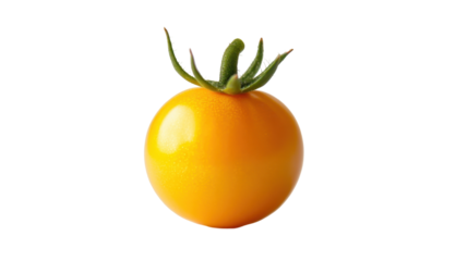 Vibrant yellow tomato with green leafy stem on a clean background.