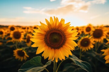 Obraz premium Field of sunflowers at sunset showcasing vibrant yellow petals and a golden sky