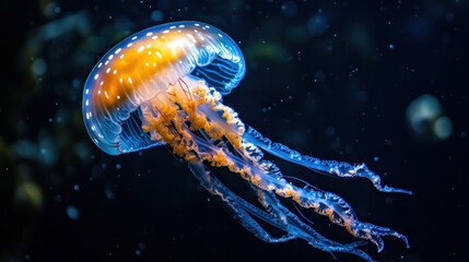 Naklejka premium Stunning jellyfish in the deep sea. Glowing orange and blue. Delicate tentacles