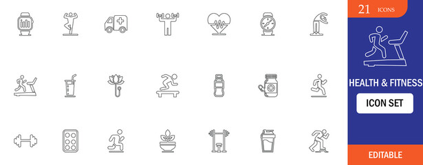 A professional health and fitness icon set featuring 21 editable, minimalist line icons. Perfect for gym, wellness, healthcare, nutrition, workout apps, and fitness-related projects